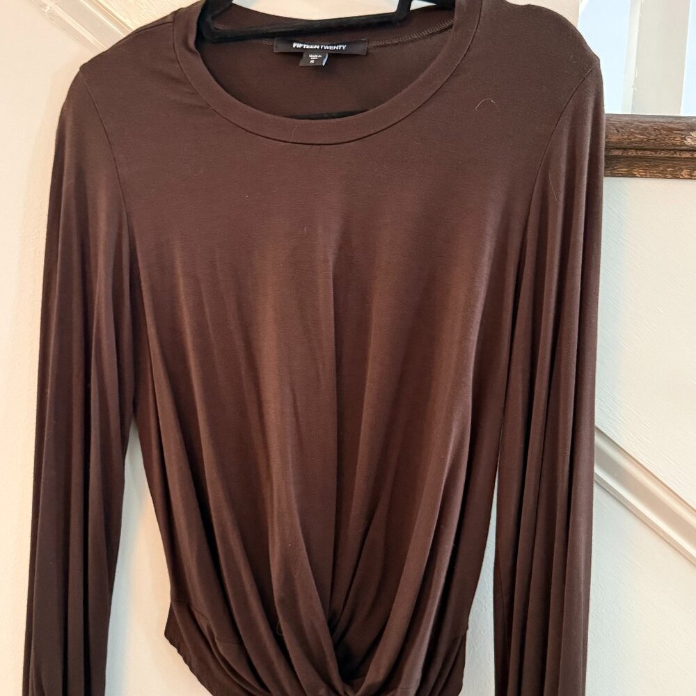 Fifteen twenty Cecy, chocolate brown, knotted knit long sleeve top